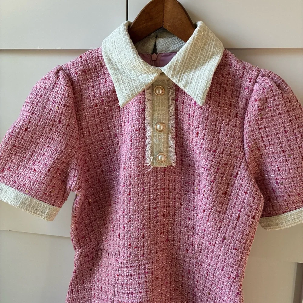 Pink Tweed Collared Dress With Pearl Buttons - Picture 4 of 8